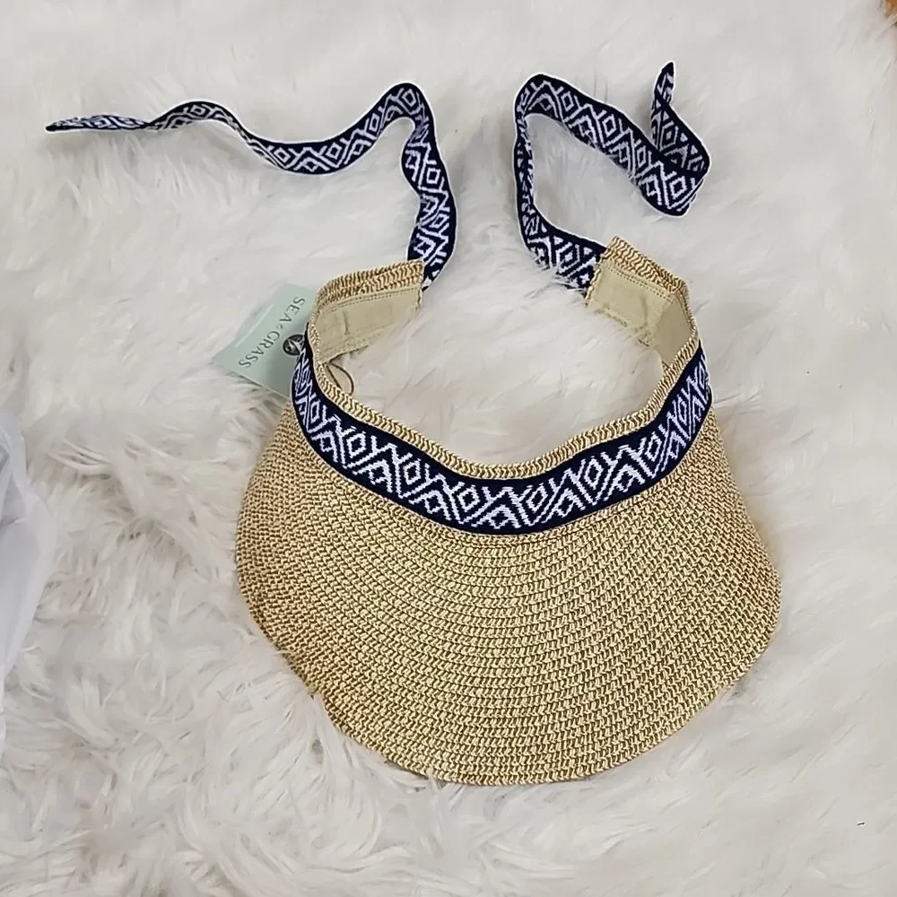 NWT Sea Grass Straw Visor with Navy and White Ribbon